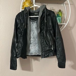 Faux Leather Jacket with Faux Fur Liner and Grey Hood